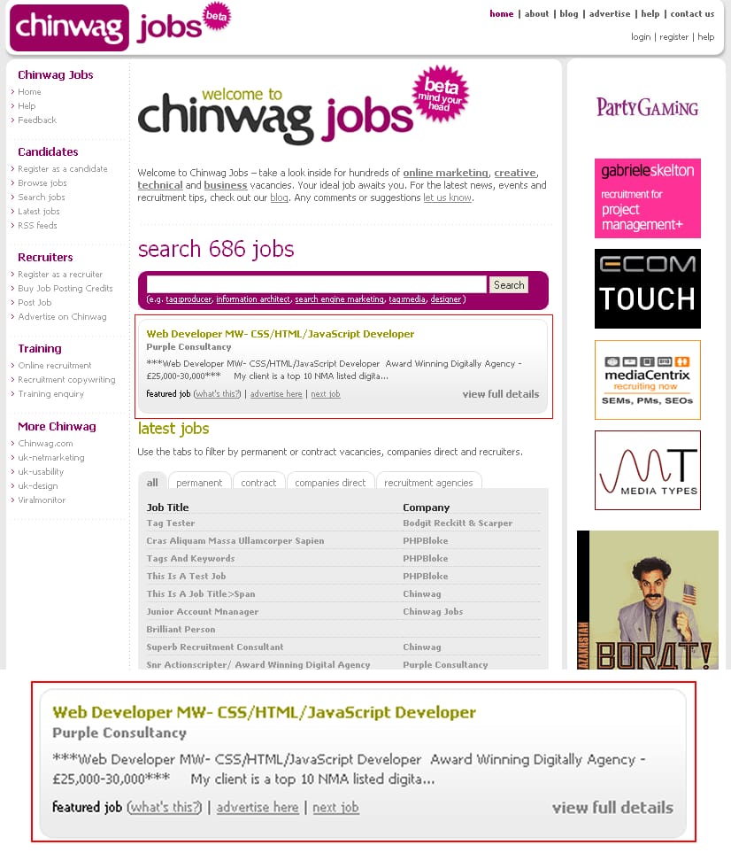 Chinwag Jobs shiny new version launched in 2006